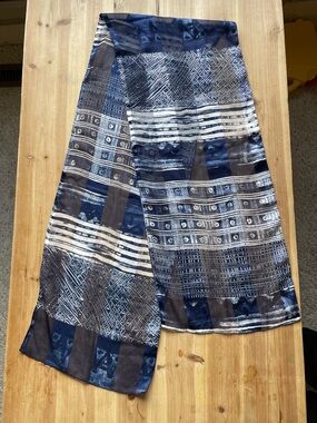 Satin Silk Sheer Blue Indigo and Ivory Patterned  Scarf Wrap
